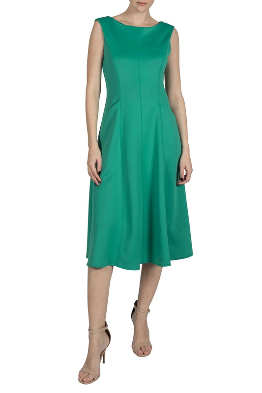 Green Bateau Neckline Sleeveless Flared A-Line Dress