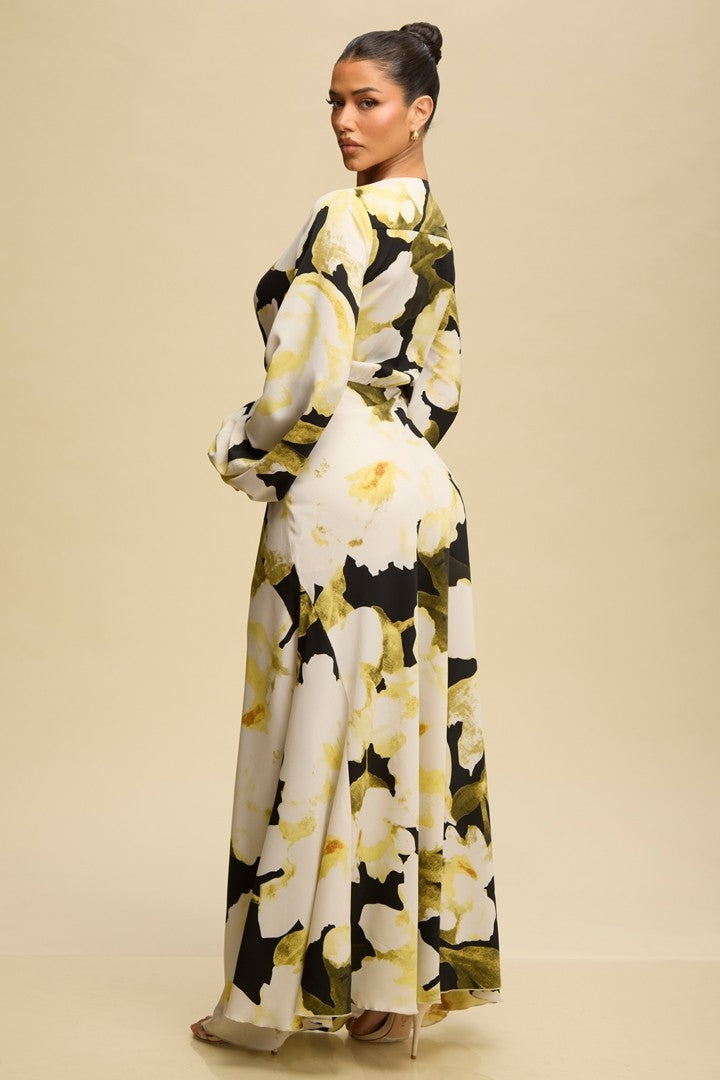 V Neck Puff Sleeve Floral Dress