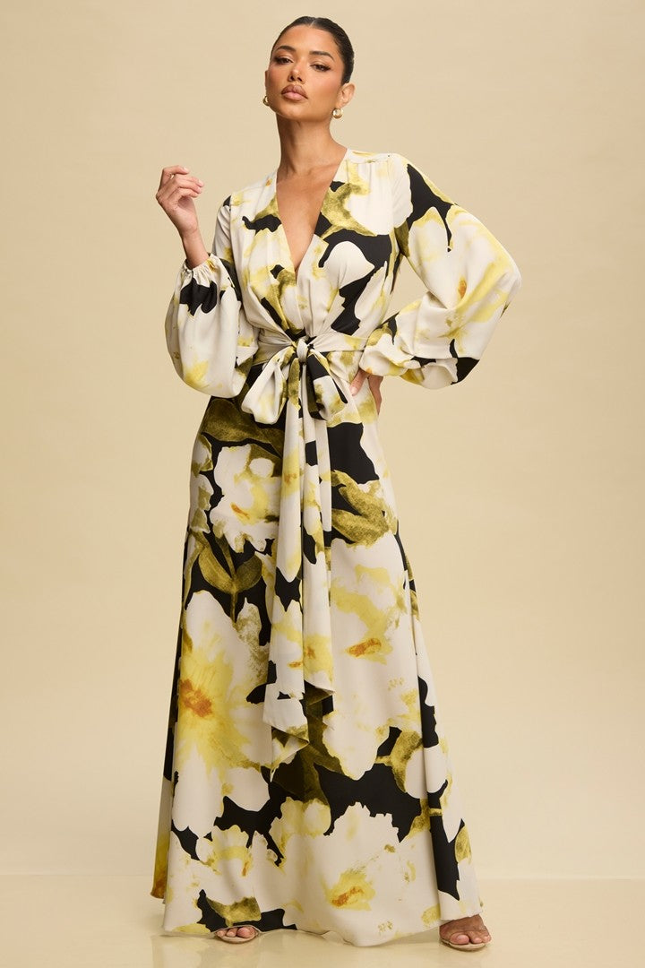 V Neck Puff Sleeve Floral Dress