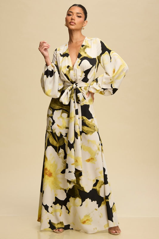 V Neck Puff Sleeve Floral Dress