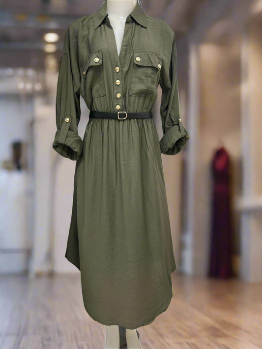 Olive-green, long-sleeve, button-down midi dress