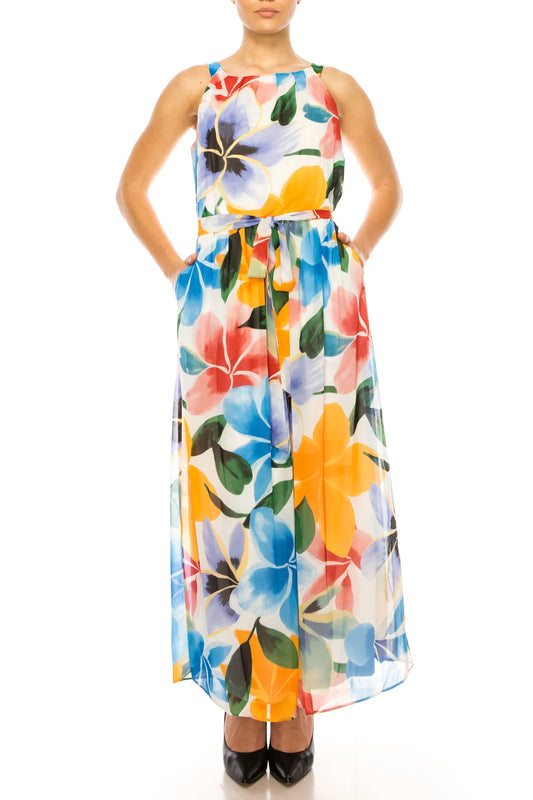 ILE Clothing Floral Sleeveless Belted Maxi Dress