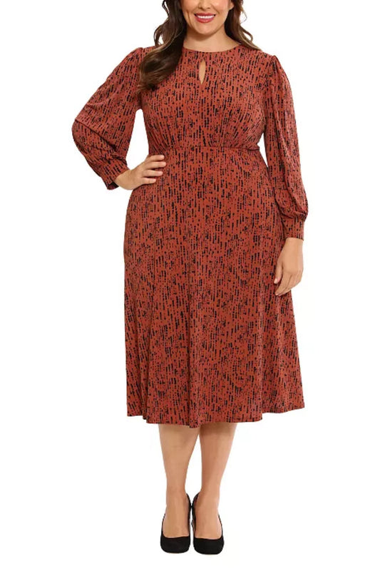 London Times Printed Long Sleeve A-Line Dress