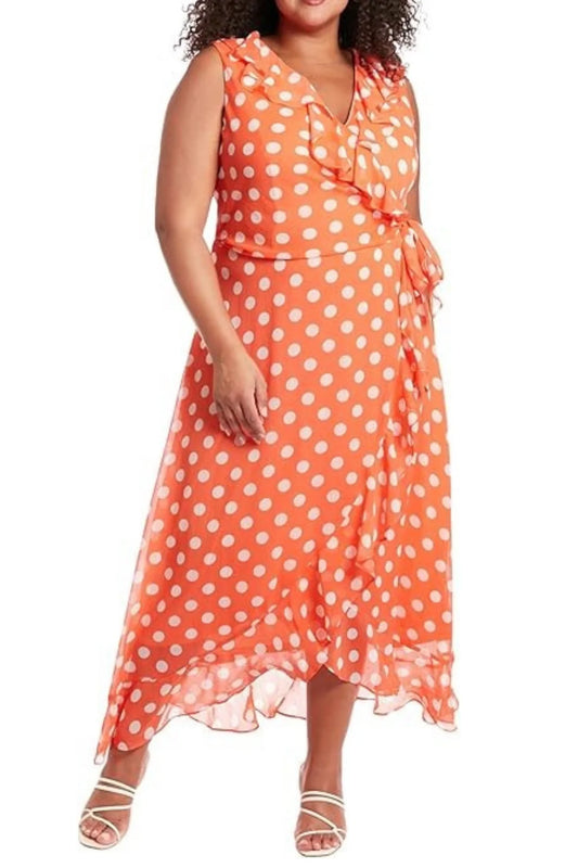 London Times Orang Whtie Polkadot Faux Wrap Midi Dress