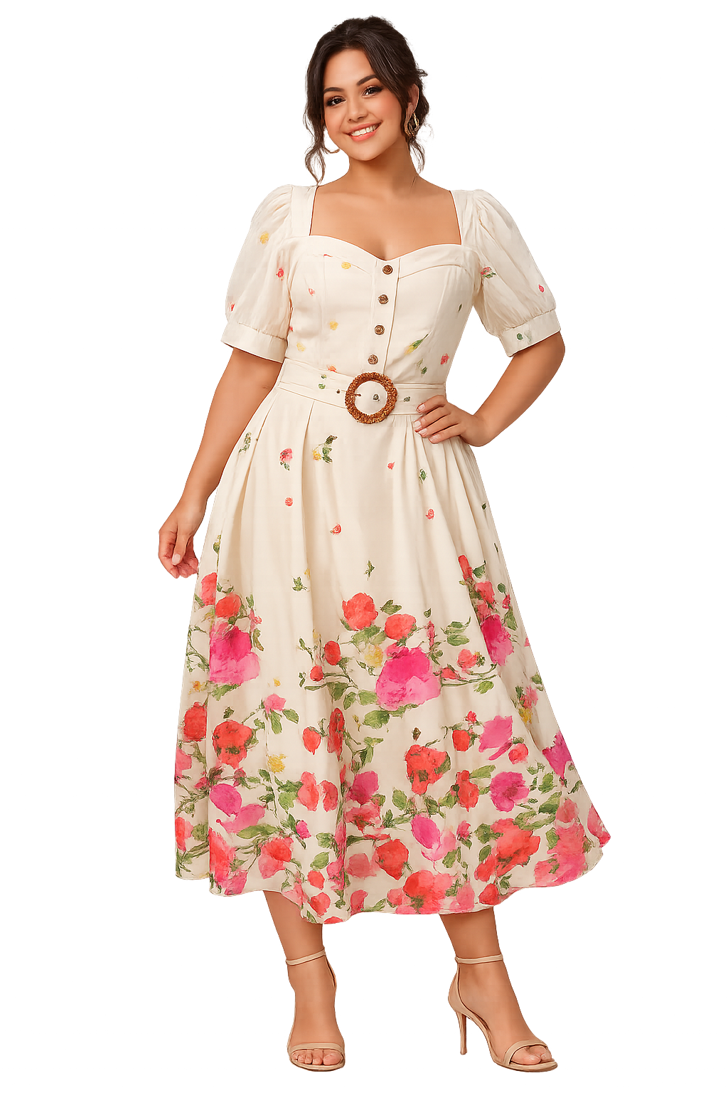 Cream Floral Midi Dress