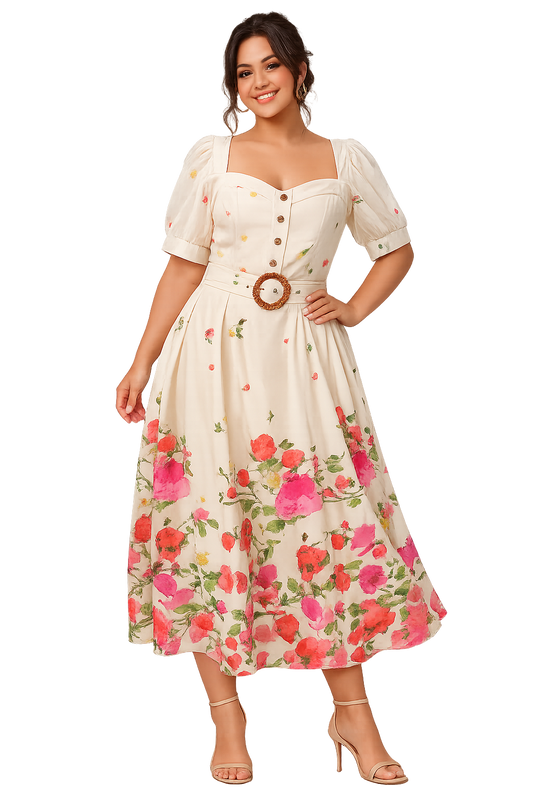 Cream Floral Midi Dress