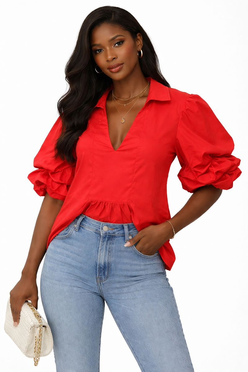 Red Puff-Sleeve V-Neck Blouse