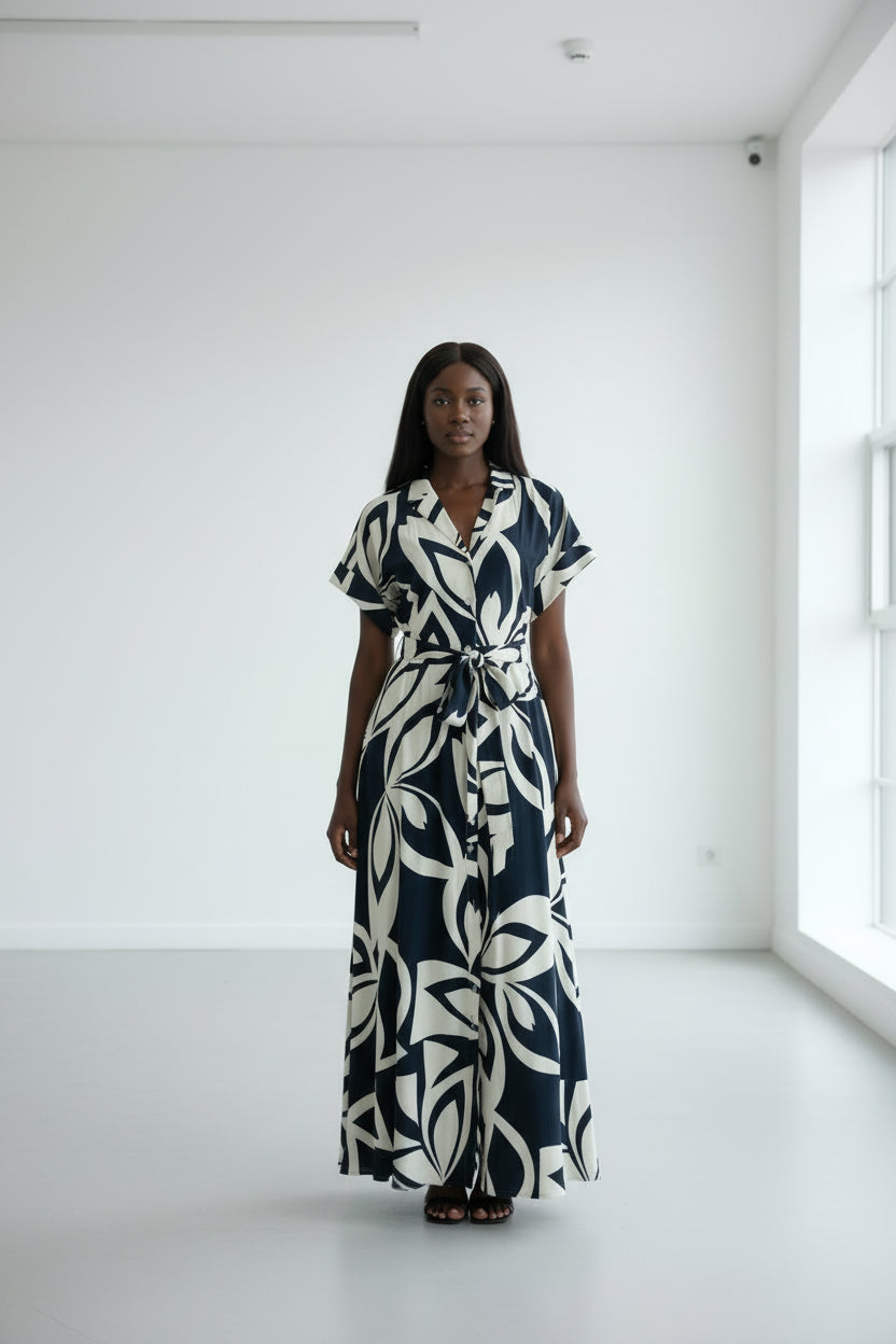 Monroe Navy and Cream Button front Maxi Dress
