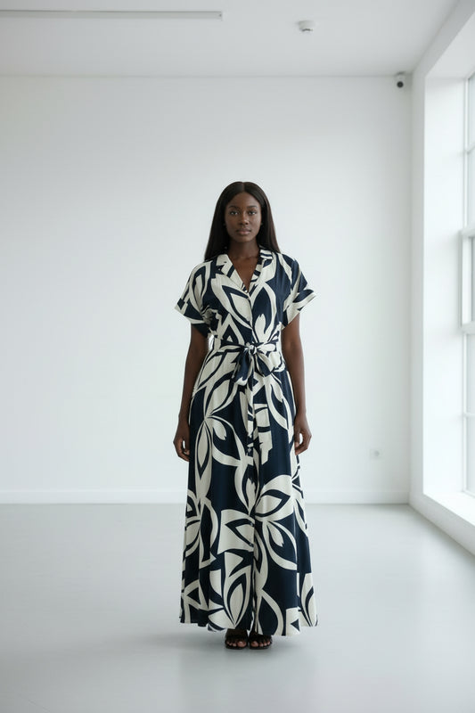 Monroe Navy and Cream Button front Maxi Dress