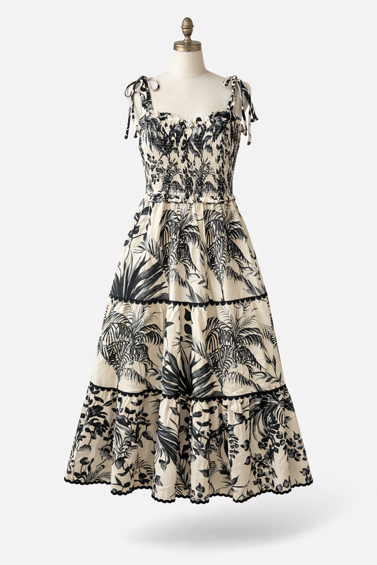 Palm Noir Tiered Midi Dress