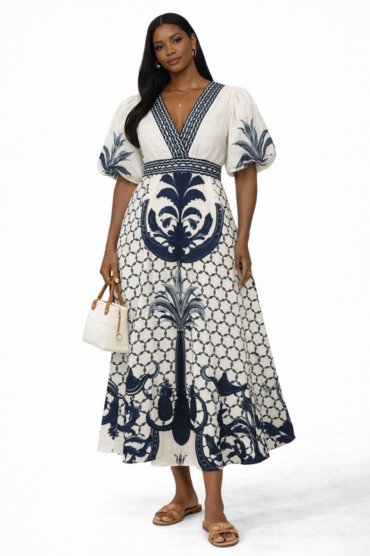 Coastal Palm Print Midi Dress