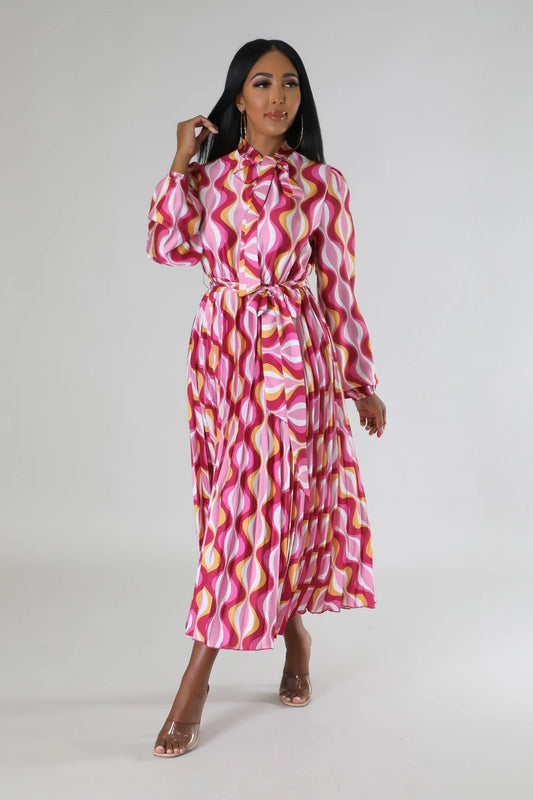 Long Sleeve Pleated Midi Dress