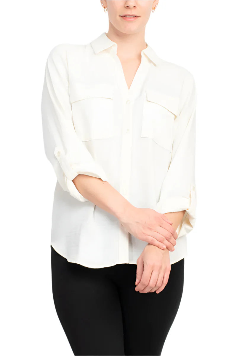 Roll-Up Sleeve Button Down Collared Crepe Blouse