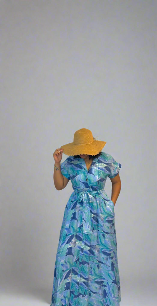 Blue leaf print button print dress