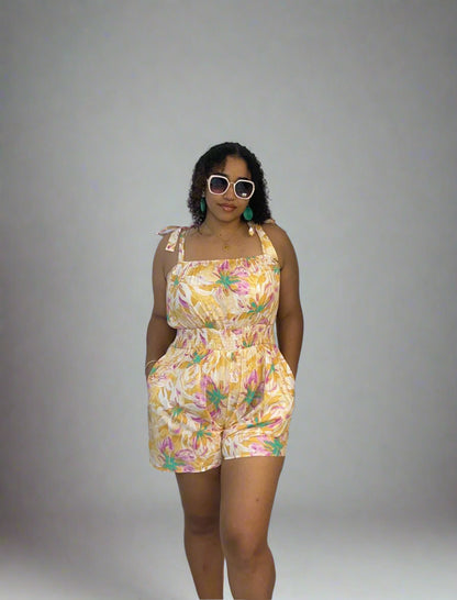 Floral print shoulder tie romper