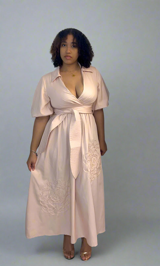 Blush V-neck midi dress with floral detail