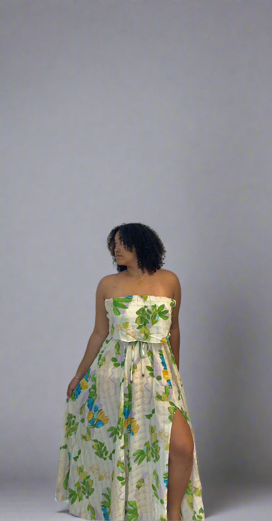 Ivo-green print ruffle tube dress