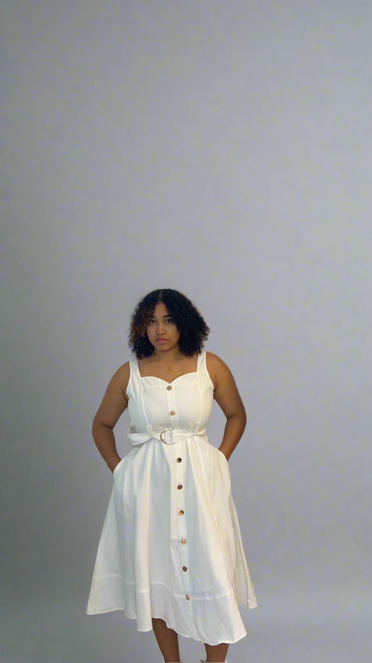 White cotton button belted midi dress