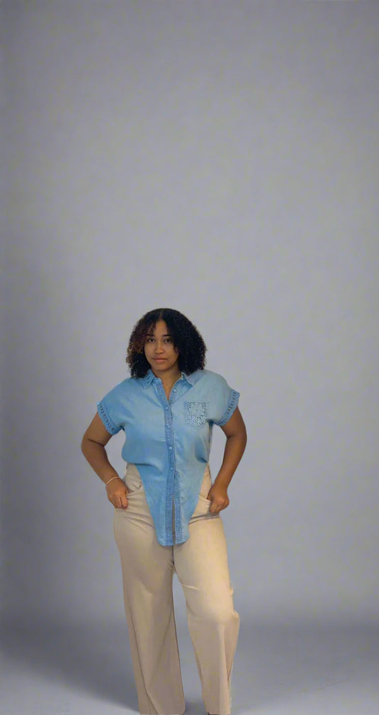 Denim with lace stone trim top