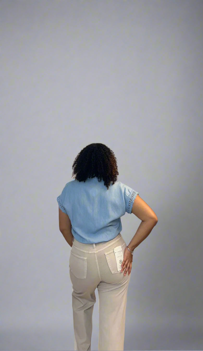 Denim with lace stone trim top