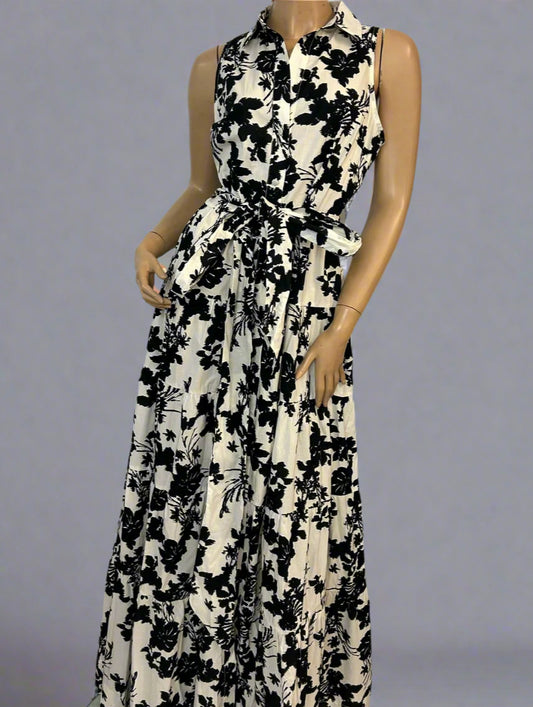 Bk print belt button down dress