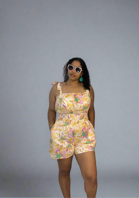 Floral print shoulder tie romper